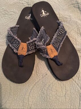Corkys Navy Denim Studded Flip Flop Sandals with Brown Logo Patch